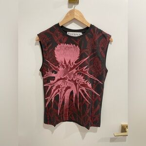 JW ANDERSON Black Muscle Tee with Pink Floral Thistle Graphic